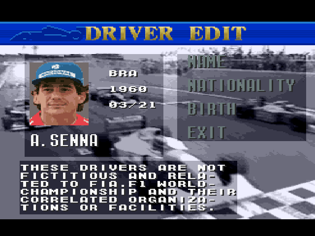 The driver edit screen showing A. SENNA with his portrait, nationality BRA, birth year 1960 and birth date 03/21