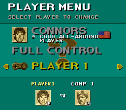 The player menu showing CONNORS with a USA flag, his portrait and the description GOOD ALL-AROUND PLAYER