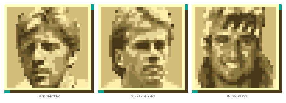Three of the new portraits: Boris Becker, Stefan Edberg and Andre Agassi