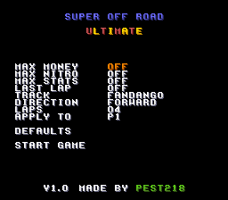 Super Off Road Ultimate boot-time config menu, with LAPS showing a two-digit value
